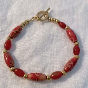 Carnelian with Hand Painted Wood  and Vermeil Gold Beads Bracelet